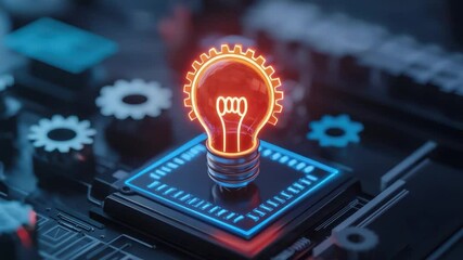 Poster - Bright Idea Light Bulb on Circuit Board with Gears and Technology Elements for Innovation and Creativity Concept