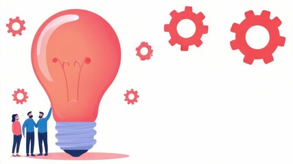 Poster - Business Team Collaborating on Ideas with Light Bulb and Gear Icons in Colorful Style for Creative Concept