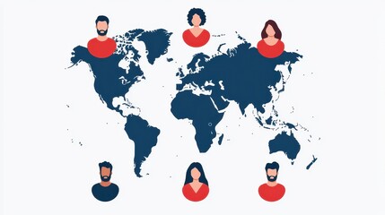 Poster - A world map with six diverse illustrated people placed over different continents, symbolizing global connection and diversity.