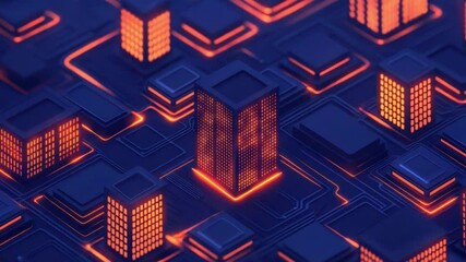 Poster - Futuristic Cityscape with Neon Lights and Circuit Patterns Representing Digital Technology and Urban Development