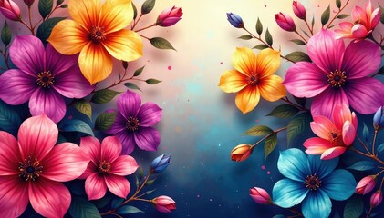 Wall Mural - Continuous flowing floral design, vibrant hues, dark, bloom