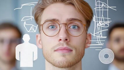 Poster - Thoughtful young man with glasses in focus surrounded by abstract design elements representing creativity and innovation