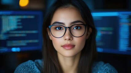 Poster - Focused young woman with glasses meditating in front of computer screens in a dimly lit workspace, showcasing concentration and serenity