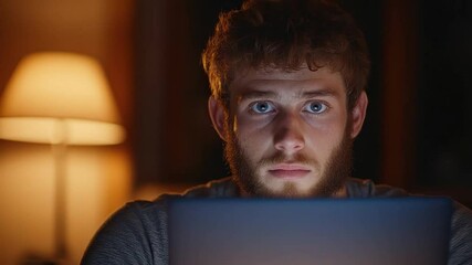 Poster - Young man with beard focuses intently on laptop screen at night illuminated by warm light in cozy home setting