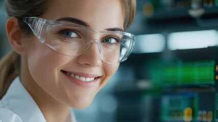 Poster - Young Female Scientist in Laboratory with Glasses, Engaged in Conducting Experiments and Analyzing Data on Computer Screen