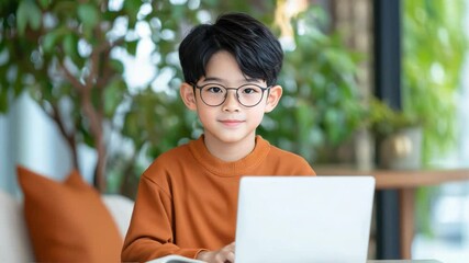 Poster - Young boy wearing glasses and orange sweater smiling while using laptop in cozy modern indoor setting with greenery background