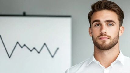 Poster - Young business professional standing in front of a chart, analyzing data and planning for future growth and success in office setting