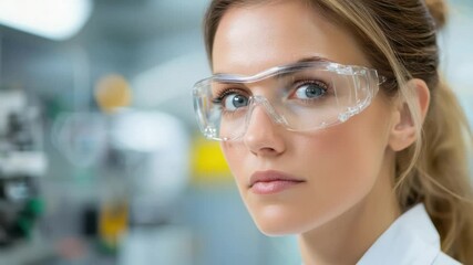 Poster - Female Scientist in Laboratory Setting with Protective Glasses Focused on Research and Experimentation in Modern Laboratory Environment