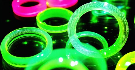 Poster - Bright glowing rings stacked, layered. Vivid neon colors illuminate dark background. Abstract composition, dynamic lighting.