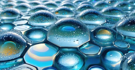 Aufkleber - Water droplets form hexagonal patterns. Blue, turquoise hues create abstract texture. Light reflects, refracts within liquid spheres. Visually captivating.