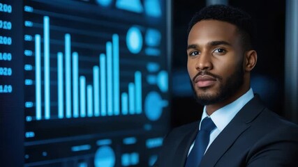 Poster - Confident businessman in formal attire evaluating data visuals displayed on screens in modern office environment