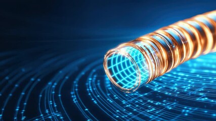 Poster - abstract glowing orange coil with radiant light pattern on a dark futuristic background for technolo