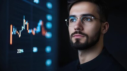 Poster - Focused male professional analyzing financial data on screen with modern graphics and charts in dark setting, business concept