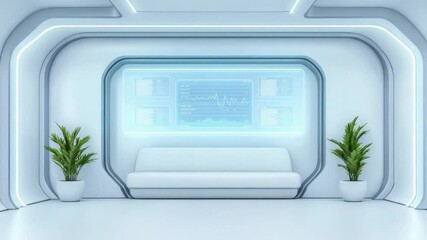 Poster - Modern minimalistic interior design with white sofa and digital screen in a futuristic lounge space with indoor plants