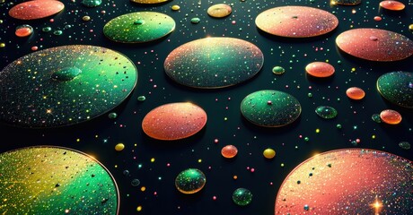 Poster - Colorful bubbles float against dark background. Glittering surfaces reflect light, creating cosmic effect. Abstract composition.