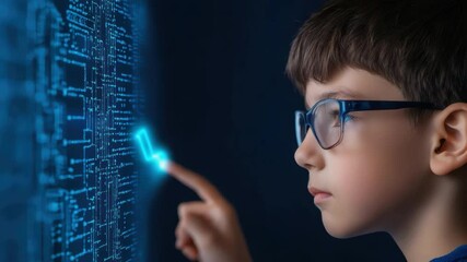 Poster - Young boy interacting with a digital interface, exploring technology and innovation in a futuristic environment