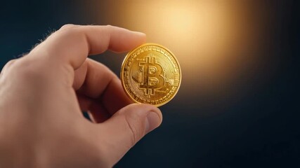 Poster - Hand Holding Bitcoin Coin in Front of Dark Background with Bright Light Spot Highlighting Cryptocurrency in Modern Finance