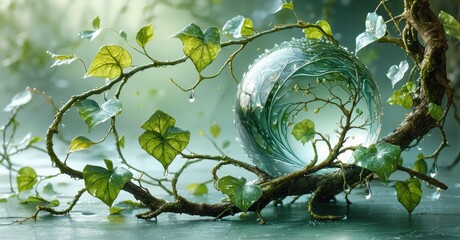 Aufkleber - Glass orb rests among branches, leaves. Dewdrops cling to foliage, creating serene, natural scene. Soft light enhances details.