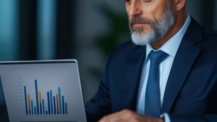 Poster - Businessman Analyzing Data on Laptop with Charts and Graphs in Modern Office Environment
