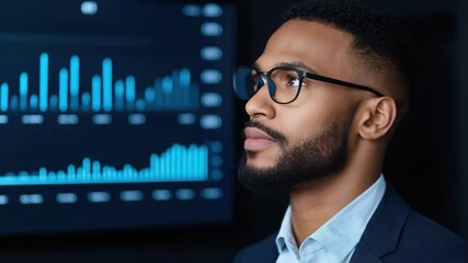 Poster - Confident business professional in formal attire, wearing glasses, poses in front of digital analytics display with blue graphs