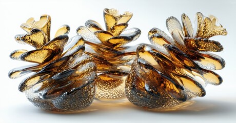 Poster - Amber glass pinecones displayed. Sculptures exhibit textured surfaces, organic forms, warm tones, delicate craftsmanship. Minimalist studio lighting.