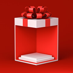 Poster - Blank white squares podium pedestals in exhibition booth gift box corner product display mockup showcase stand with red ribbon bow isolated on dark red background creative conceptual idea 3D rendering