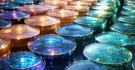Poster - Colorful circular plates glow, creating vibrant patterns. Reflections shimmer across surfaces, suggesting digital art installation.