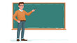 © ding - Illustration of a male teacher standing in front of a large blank, teal-green chalkboard.  He is wearing glasses, an orange sweater, blue pants, and brown shoes. He is pointing at the chalkboard