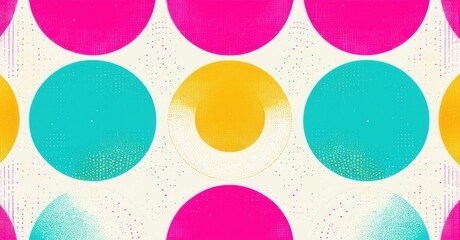 Aufkleber - Bright polka dot pattern. Pink, yellow, turquoise circles repeat across beige background. Texture suggests grainy effect. Simple, playful design.