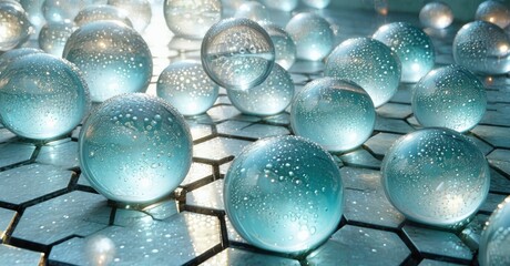 Poster - Glass spheres cover patterned surface. Light reflects, creating bright, wet appearance. Artistic installation, captivating visual texture.