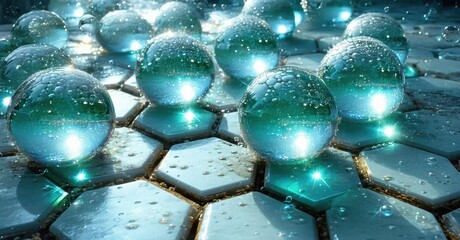 Poster - Glass spheres rest upon hexagonal tiles. Water droplets cover surfaces, creating luminous reflections. Brightness emphasizes texture, depth.