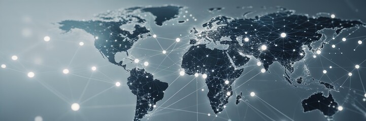 Poster - Digital representation of the world map with global connectivity and network lines illustrated in a modern style