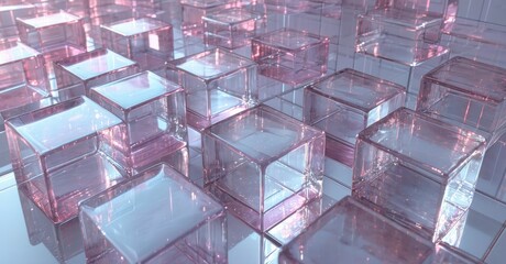 Poster - Abstract cubes reflect light, creating futuristic, glossy surface. Pink hues dominate composition, suggesting digital art.