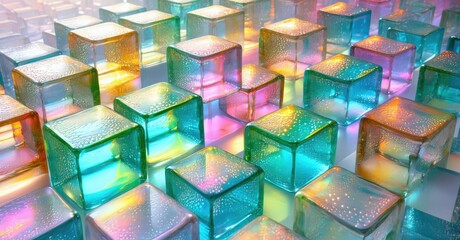 Poster - Vibrant translucent cubes create abstract pattern. Colorful illumination highlights geometric shapes, offering modern aesthetic.