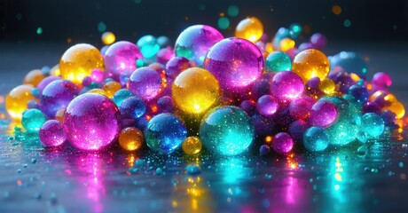 Poster - Colorful spheres illuminate dark surface. Vibrant reflections create dazzling, magical effect. Brightness emphasizes glossy textures, captivating visual.