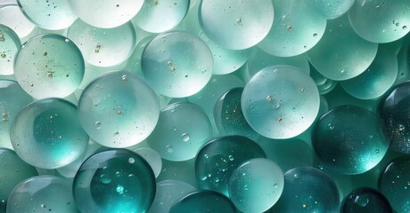 Aufkleber - Water droplets, teal hues, macro photography. Spheres create abstract texture, soft lighting, calming visual experience.