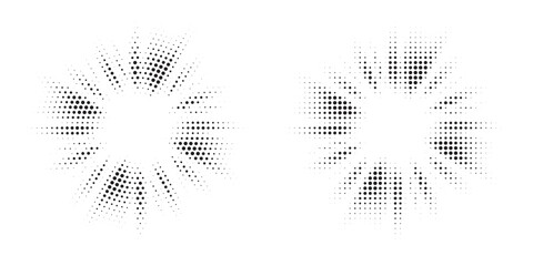 Poster - Halftone circle frame background set. Round border Icon using halftone random circle. Grunge circular stain. Vector illustration.