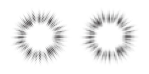 Poster - Halftone circle frame background set. Round border Icon using halftone random circle. Grunge circular stain. Vector illustration.