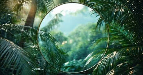 Aufkleber - Lush tropical foliage surrounds circular mirror. Sunlight filters through dense greenery, creating serene atmosphere. Natures beauty reflected.