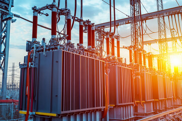 Poster - Electrical transformer array at sunset near power station Generative AI