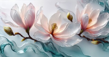 Aufkleber - Magnolia blossoms, delicate petals, water swirls. Soft light, elegant composition, serene beauty. Floral art, calming imagery.