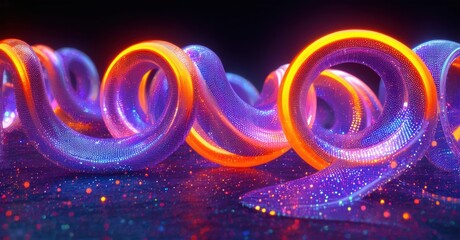 Aufkleber - Bright ribbons form looping shapes. Vivid colors, particles create dynamic, glowing effect. Dark background emphasizes luminosity.
