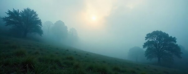 Wall Mural - Enigmatic misty landscape, ethereal and serene Perfect for fantasy, mystery, or nature-themed projects Soft light filters through the fog, creating a dreamlike atmosphere , dusk, woods, autumn