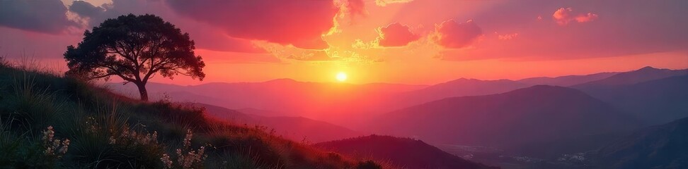 Wall Mural - Serene landscape bathed in the warm glow of a rising sun, painting the sky with vibrant orange and pink hues Perfect for travel, nature, and serenity themes , atmospheric, landscape, holiday