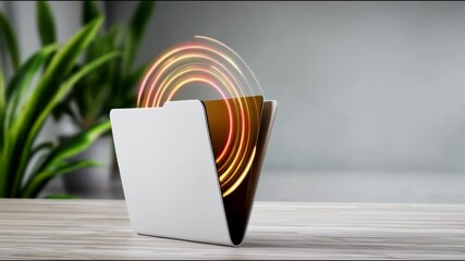 Poster - Glowing digital data transfer technology with folder on wooden desk and green plant, symbolizing information sharing and modern storage concepts