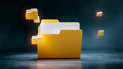 Fototapete - Yellow folder icon with digital document files floating dark space symbolizing efficient digital storage and organization technology for file
