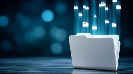 Poster - Digital folder with glowing file icons floating above representing data transfer cloud storage technology and futuristic digital file data storage