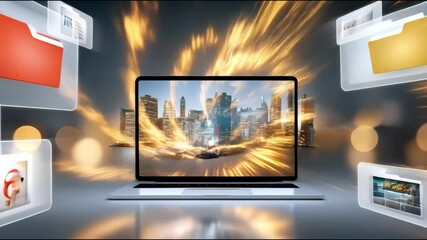Poster - Futuristic laptop screen with digital cityscape showcasing modern technology, business innovation, fast data transfer, network connection