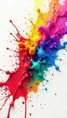 Wall Mural - Vibrant explosion of multicolored paint splatters on white background, dynamic texture, perfect for design projects or artistic backgrounds , modern art, bright colors, vibrant colors
