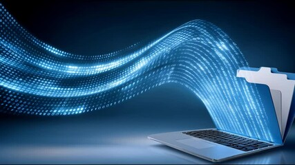 Poster - Digital data transfer with laptop showing flowing binary code and file transfer technology symbolizing fast secure digital code and data exchange